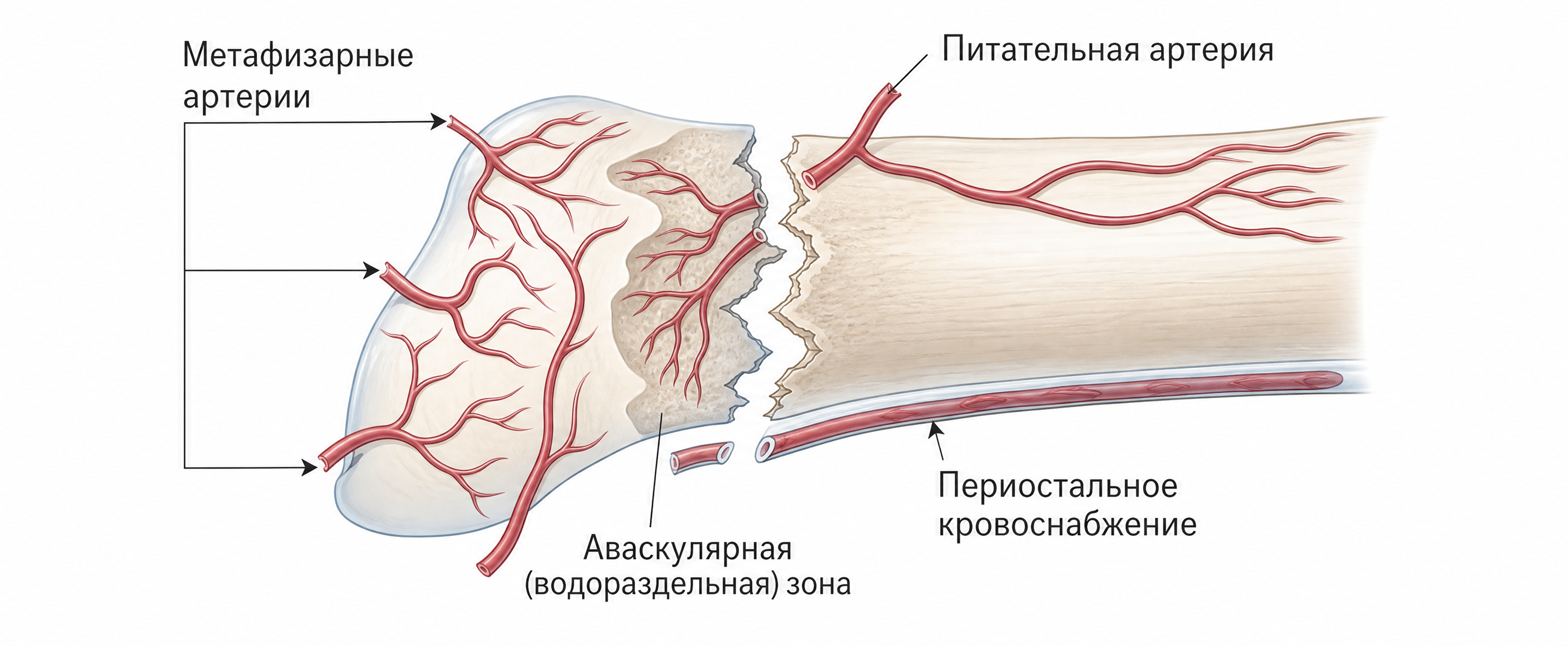Рис. 2. Сосудистый водораздел V плюсневой кости. Метафизарные ветви проксимальной территории и питательная (нутриентная) артерия диафизарной территории не пересекаются в зоне 2 — формируется относительно гиповаскулярный участок (аваскулярная зона)